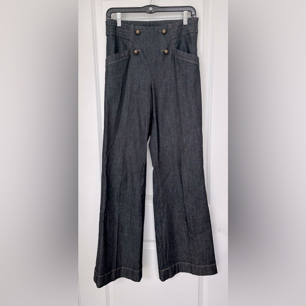 Etcetera Designer Wide Leg Jeans Dark Denim High Waist Size 4 Gold Button De…
